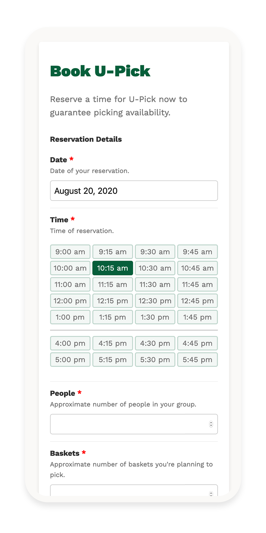 Screenshot of U-Pick Booking UI on mobile device