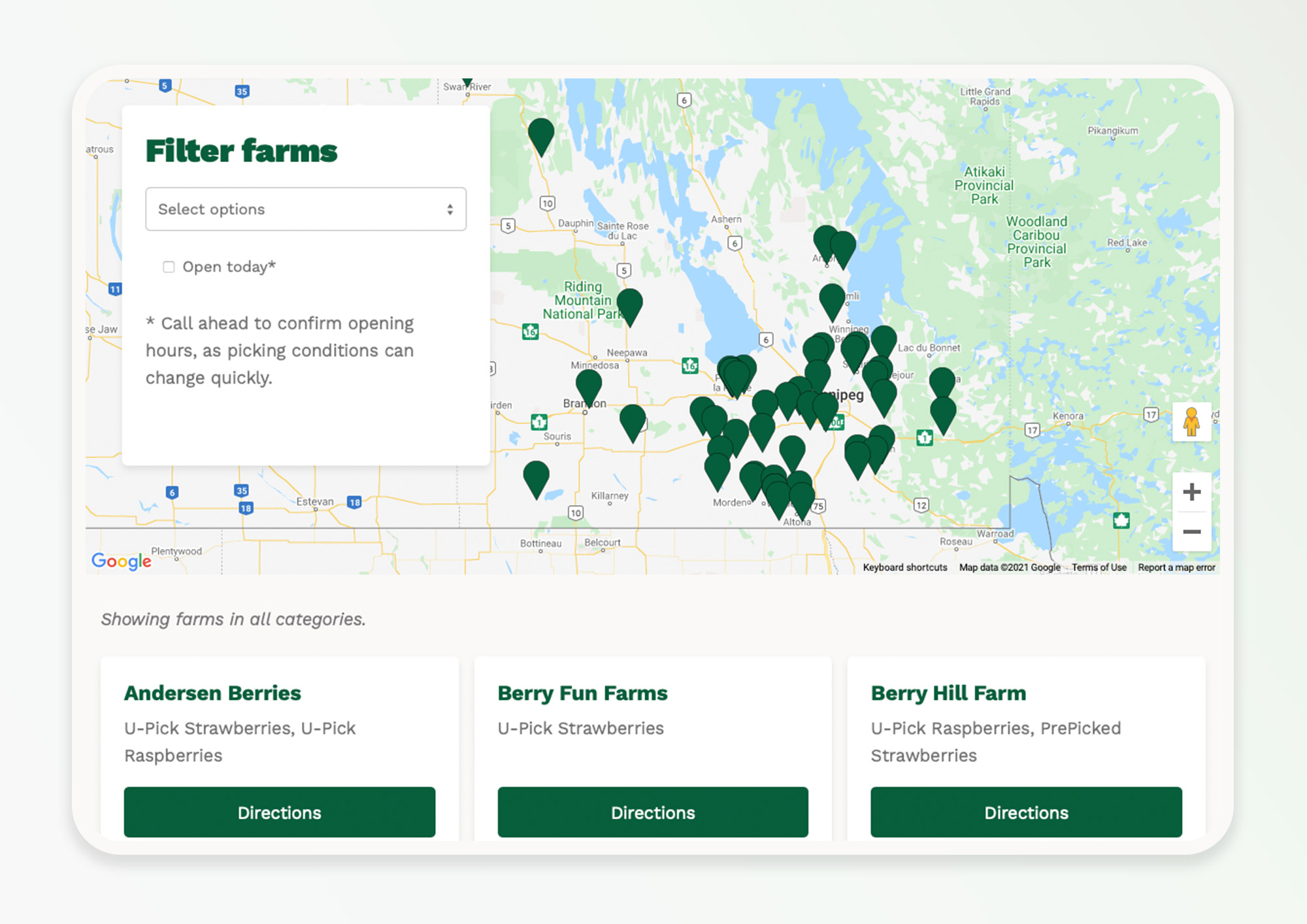 The farm directory and map viewed on desktop.